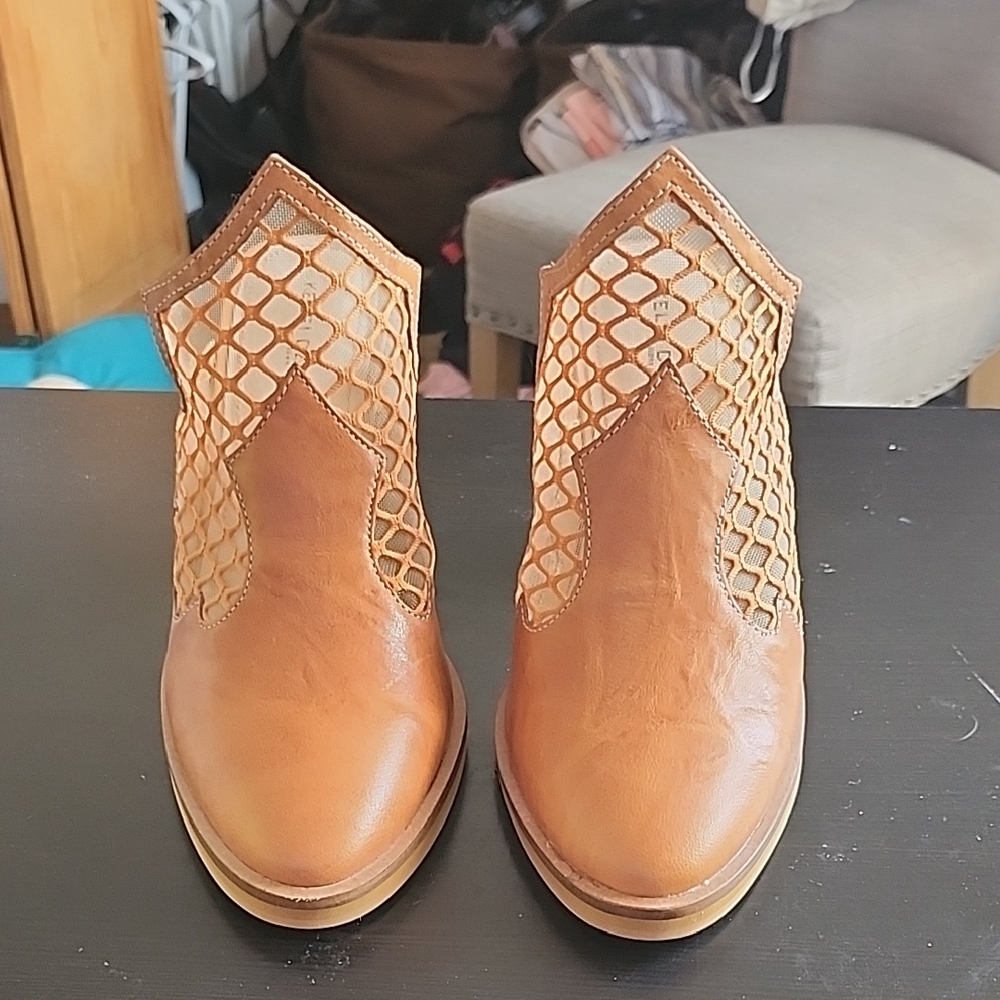 Kelsi Dagger Tan Leather Mesh Ankle Booties